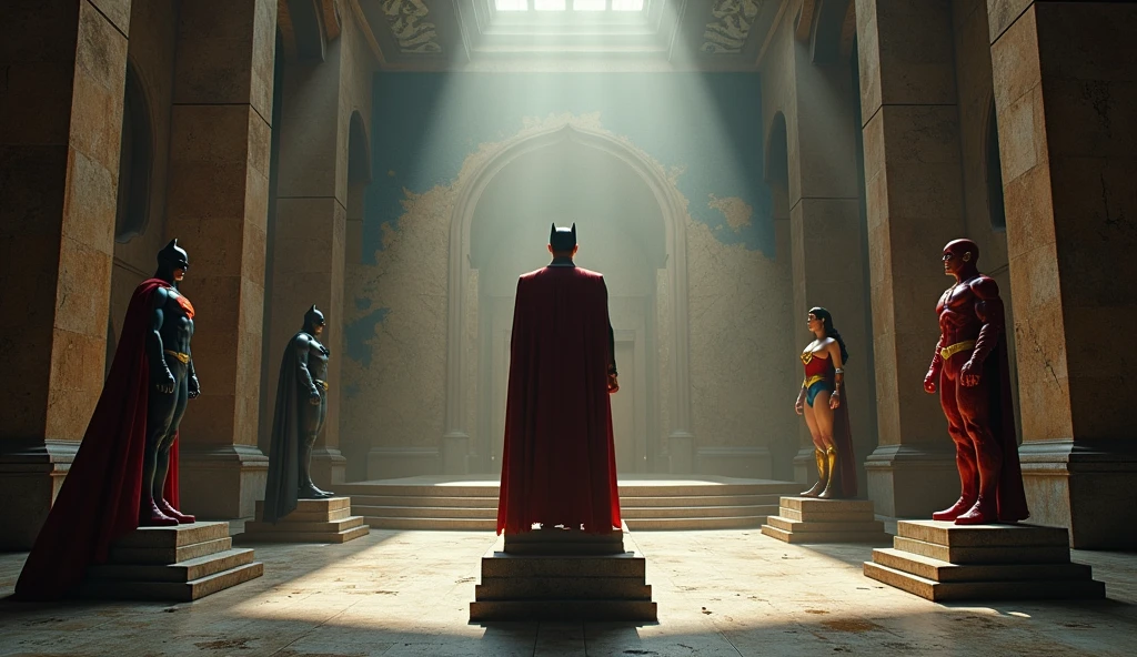 Background: An ancient, dimly lit hall. Statues of Superman, Batman, Wonder Woman, and Flash line the walls. The hall is grand but worn, with dust particles visible in the faint light. The walls are adorned with cracked and faded murals depicting the heroes' past glories.