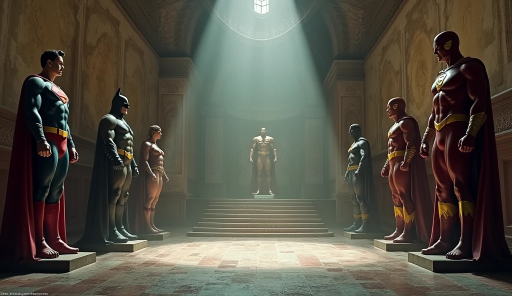 Background: An ancient, dimly lit hall. Statues of Superman, Batman, Wonder Woman, and Flash line the walls. The hall is grand but worn, with dust particles visible in the faint light. The walls are adorned with cracked and faded murals depicting the heroes' past glories.