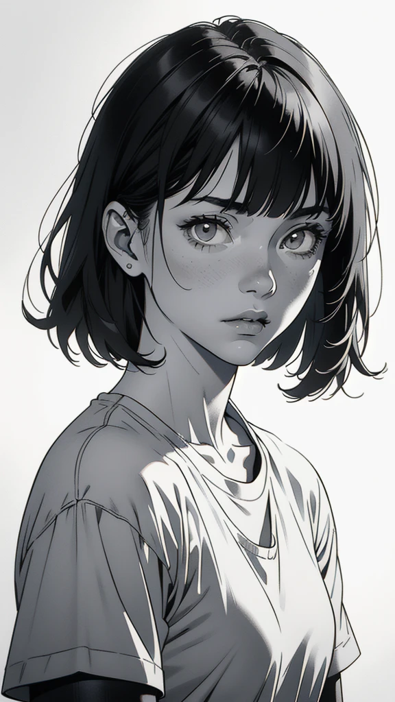 1 boyish girl, solo, sharp eyes, monochrome, greyscale, short black hair, portrait, white T-shirt, thin eyebrows, closed mouth, looking at viewer, graphite \(medium\), detailed lips, hatching \(texture\), without makeup, full bangs, upper body, (best illustration), (best quality), (very detailed), (masterpiece), expressionless,
