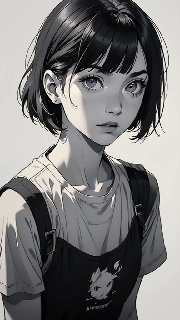 1 boyish girl, solo, sharp eyes, monochrome, greyscale, short black hair, portrait, white T-shirt, thin eyebrows, closed mouth, looking at viewer, graphite \(medium\), detailed lips, hatching \(texture\), without makeup, full bangs, upper body, (best illustration), (best quality), (very detailed), (masterpiece), expressionless,