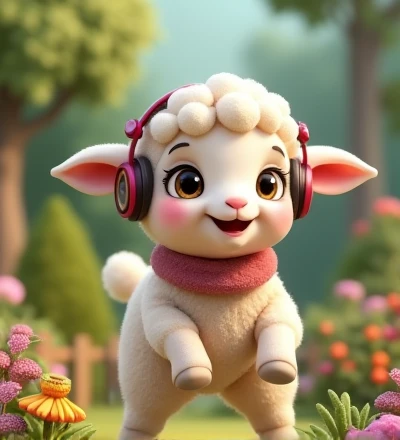 Imagine a realistic little lamb with exaggeratedly funny features, oversized, dressed in cute clothes, bright eyes and curiosity, smiling, frontal image, smiling bunny, Disney style, capturing natural textures, although their paws are a little bigger, they are even cuter. The background is a simple garden, focusing on natural colors and some green plants, creating bright colors and white lambs, as you have, blouse and headphones, dancing sheep