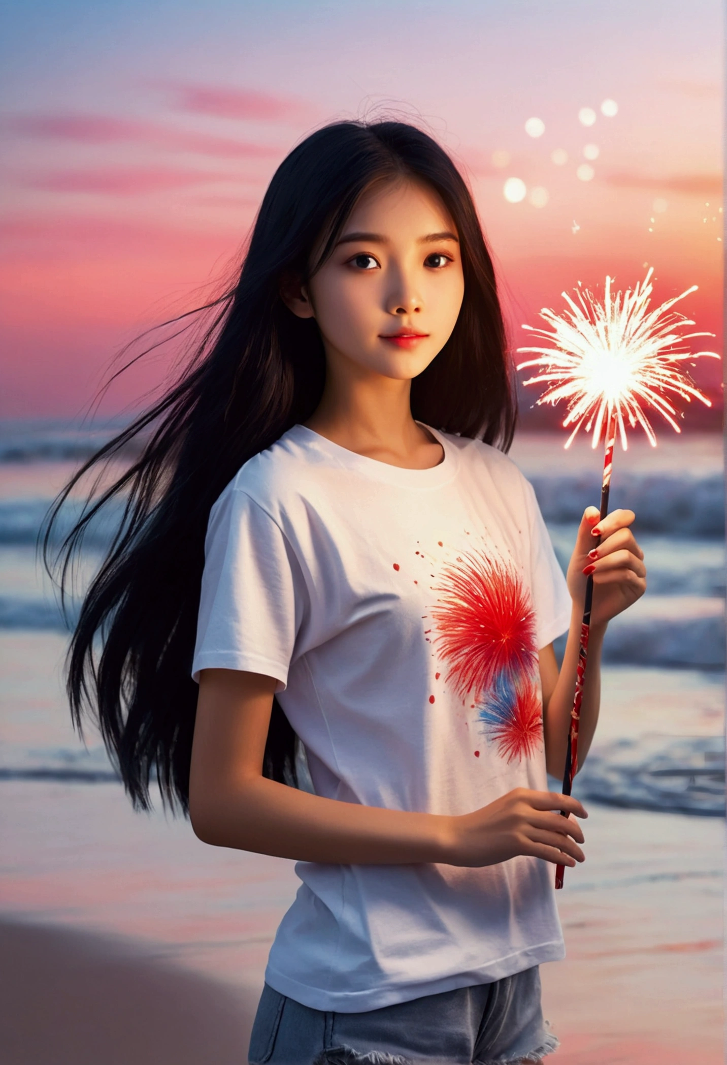 Girl holding firework stick in her hand.,long black hair, white t shirt,red short,Blurry and dreamy beach cartoon illustration