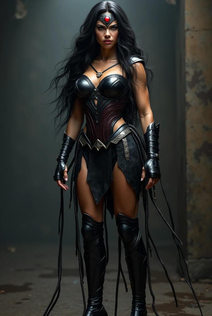 A beautiful woman with long black hair under the mantle of the Amazon warrior Wonder Woman, a black metal headband with a red star on her forehead, black corset, long black boots up to her knees (((With Symbiote skin running all over his skin))) Black metal bracelets Symbiote Spiderman