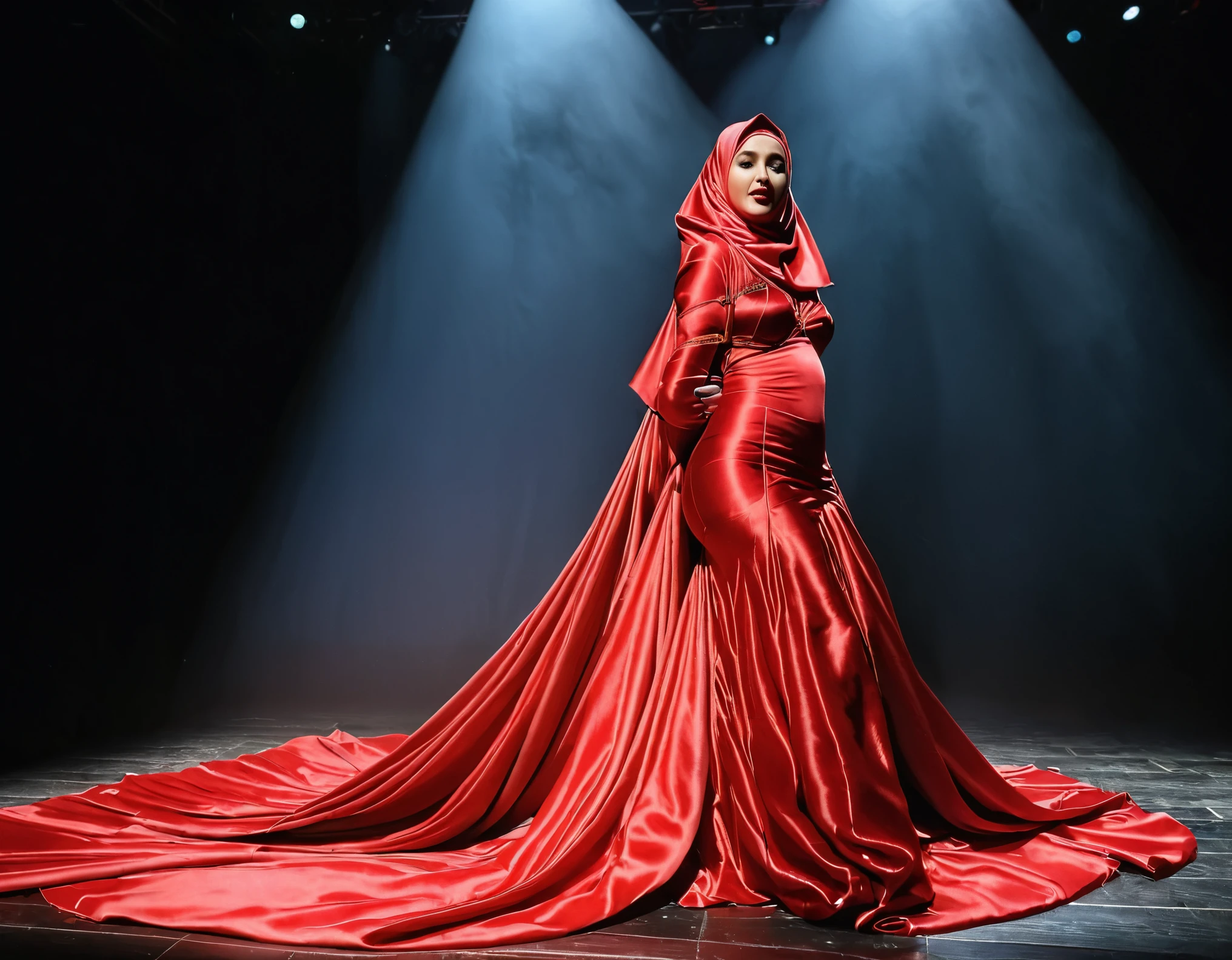 A woman shrouded in a 8-meter-long, plush red satin cloth, tightly bound and grandly draping along the form of her body, flowing off into a pooled floor-length train, styled in a mermaid-inspired outfit with very long train outfit, her head modestly veiled in a satin hijab, tall woman, on stage, sing in front of a microphone stand, a full-body pose conveying a sense of mysterious elegance, captured in a 4k resolution, ultra-realistic