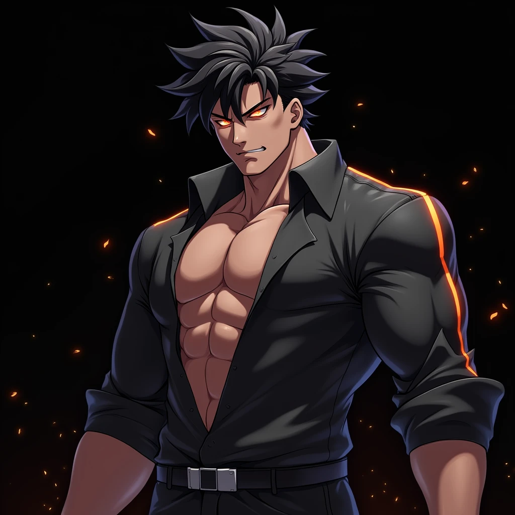 Generate a dark, intense anime-style character portrait. The character should be a muscular male with a sharp, angular face, spiky black hair, and a fierce expression. His hair should have a slightly wild look with strands falling over his face. The character's right eye should be glowing with a fiery orange light, while the left eye remains dark, adding to the menacing vibe. His attire should include an open dark gray shirt, revealing his chiseled chest and abs. The shirt should have a futuristic, slightly reflective texture with faint glowing accents along the edges, adding to the overall dark, sci-fi theme. The background should be pitch black, with small glowing orange embers floating around him, emphasizing his intense, powerful aura. Ensure the lighting highlights the contours of his face and body, with subtle shadows adding depth