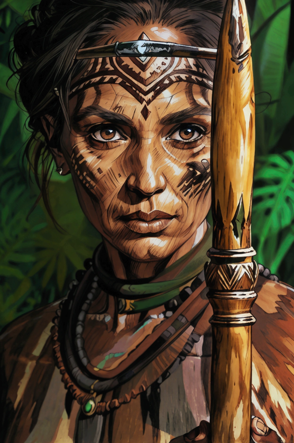 ((Realistic:1.5)), ((Best quality)), ((Masterpiece)), ((detailed)), (photorealism), (Exact proportions), (Ultra wide angle lens), (detailed face, Beautiful black eyes, detailed pupils, clear background: 1,3), (Indian appearance), dark tribal huntress makes her way through the forest with a spear, crouching to the ground, moist oily skin, hidden by thickets, very large toned breasts, long legs, wide steep hips, Strong Trained Body, long thick black hair, wide cheekbones, plump lips, Focused gaze, night, night sky, night forest, dense thickets, jungle, best shadow, bright details, perfect composition, sharp focus, end of the world