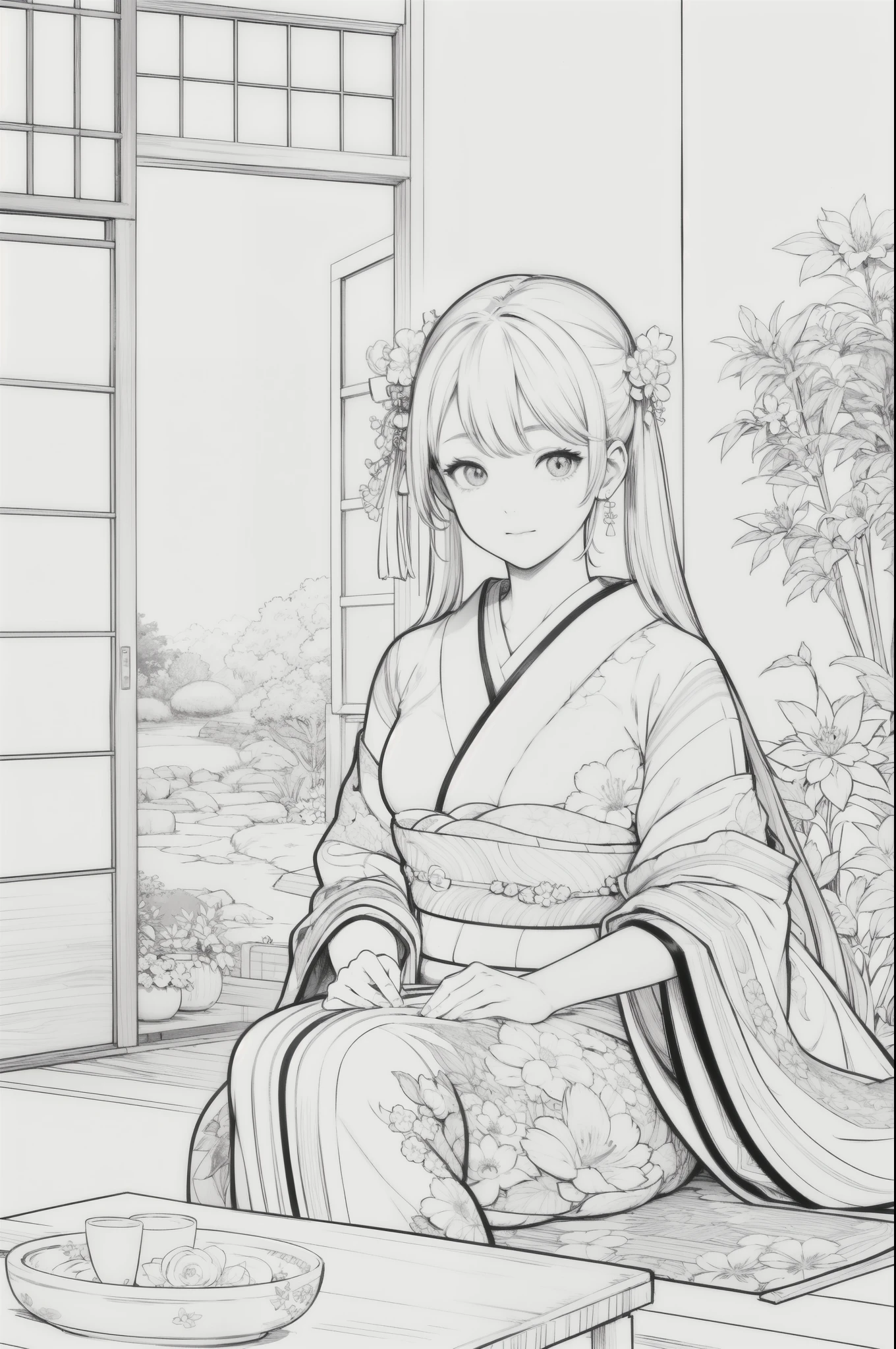Masterpiece, top class, unique, cute, flowers, line drawing background, white background, monochrome, line drawing, ((sketch)), creepy, white eyes, create a monochrome coloring book that even adults can easily do, a realistic and cute ukiyo-e of a girl wearing a kimono, model pose, sitting on a veranda with a Japanese garden as the background, conveying Japanese culture.