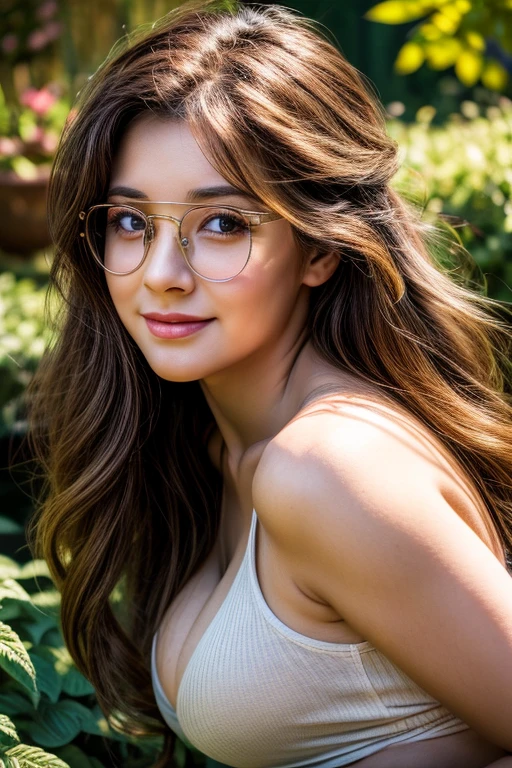 girl in a garden, beautiful detailed eyes, beautiful detailed lips, extremely detailed eyes and face, long eyelashes, chubby, very curvy, open door, waiting for you, high resolution, breasts, looking at the viewer, masterpiece, anatomically correct, best quality, long hair, very long curly hair, with glasses, smiling, very sexy, photorealistic, 4k, 8k, hyperrealistic, dramatic lighting, warm colors, ultra detailed, cinematic, concept art style