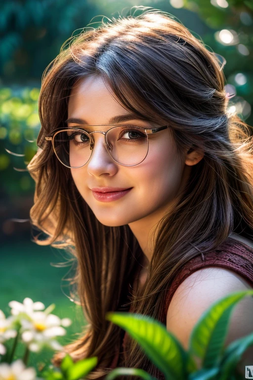 girl in a garden, beautiful detailed eyes, beautiful detailed lips, extremely detailed eyes and face, long eyelashes, chubby, very curvy, open door, waiting for you, high resolution, breasts, looking at the viewer, masterpiece, anatomically correct, best quality, long hair, very long curly hair, with glasses, smiling, very sexy, photorealistic, 4k, 8k, hyperrealistic, dramatic lighting, warm colors, ultra detailed, cinematic, concept art style