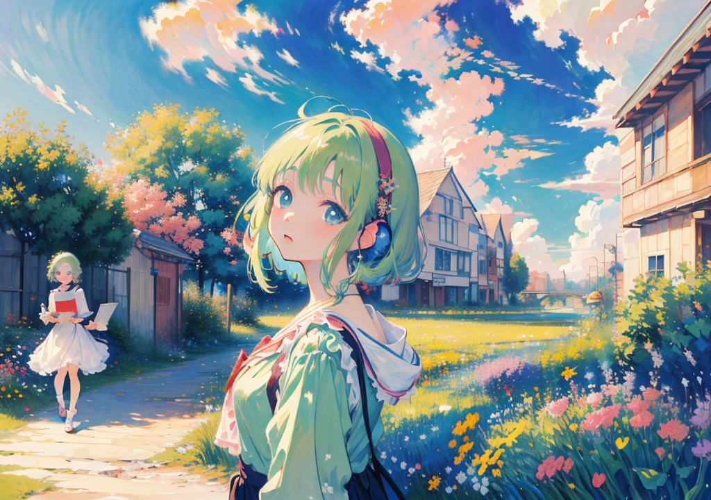 ((Highest quality)), ((masterpiece)), (detailed), One person, Ghibli-style anime with earphones、machine、reading、Ghibli-style illustrations、City Pop