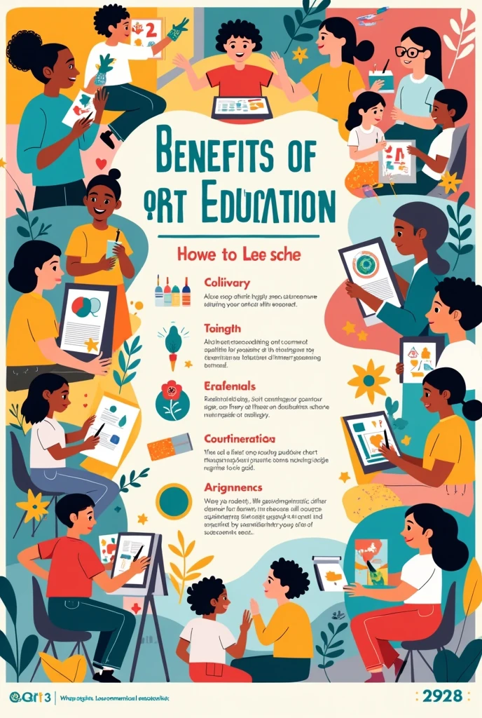 poster drawing with no text showing these elements: NO TEXT JUST PURELY DRAWINGS NO TEXT OR WORDS PLEASE NO TITLE
10 Benefits of Art Education (Seneca Academy, 2017) 1. Working in the arts help learners develop creative problem solving skills.
2. Teaching through the arts can present difficult concepts visually, making them more easy to understand.
3. Art instruction helps children with the development of motor skills, language skills, social skills , decision- making, risk- taking and inventiveness.
4. Visual arts teach learners about color, layout, perspective and balance; all techniques that are necessary in presentation(visual and digital) of academic work.
5. Integrating art with other disciplines reaches students who might not otherwise be engaged in classwork.
6. Art experiences boost critical thinking, teaching students to take the time to be more careful and thorough in how they observe the world.
7. The arts provide challenges for learners at all levels.
8. Art education connects students with their own culture as well as with the wider world.
9. Young people who participate regularly in the arts are 4x likely to be more recognized for academic achievement. (Health, Soep and Roach, 1998)
10. Greater arts education leads to fewer disciplinary infractions and higher attendance , graduation rates and test scores. (Missouri, 2010)