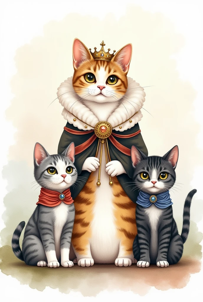Watercolor painting of a tricolor white, yellow, black and gray striped cat wearing a queen's outfit and her two children dressed as princes, one is gray with white and the other is black and gray striped.