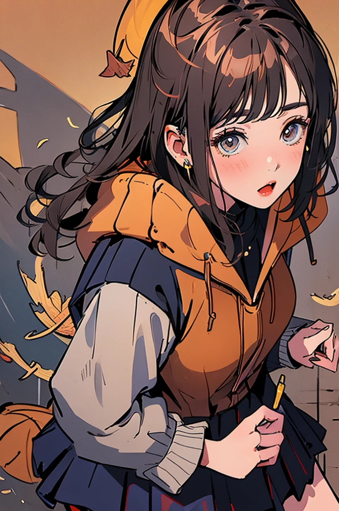 (masterpiece:1.2), Highest quality,Pixiv,Surprised girl,Portraiture、1、Large Breasts、Small waist、Close-up of face、???????、((((Autumn Outfits、))))、mini skirt