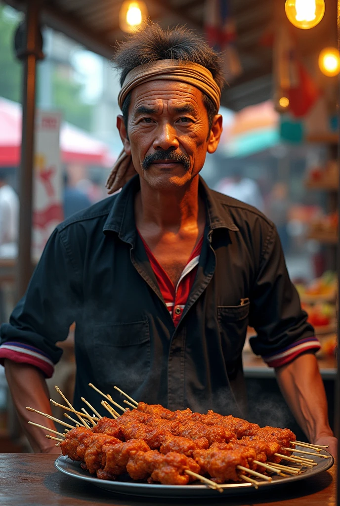A satay seller with a moustache, wearing a black shirt and a red and white striped shirt underneath, wearing a headband and in front of him is a serving of delicious ready-to-eat satay. 
