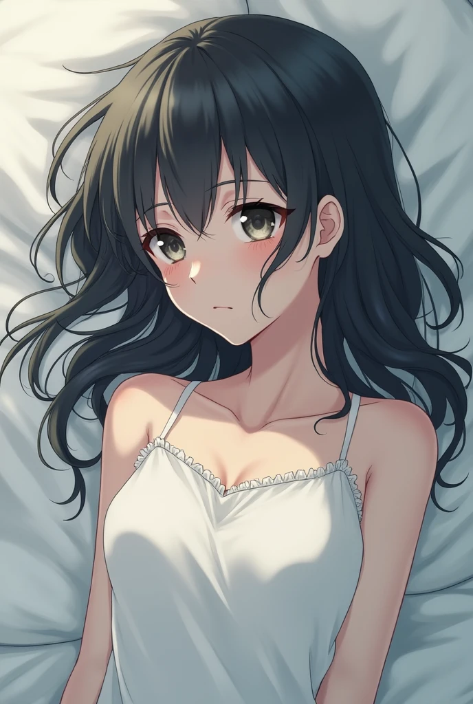 Girl, lying down with a cold look and no facial expression showing an emotional void, anime