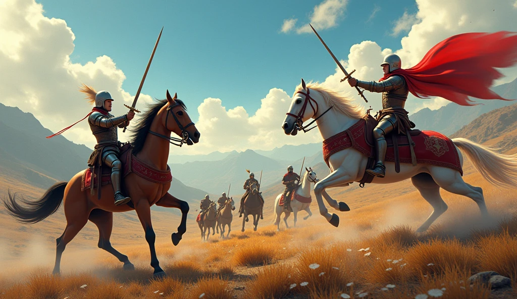 Animated pictures of people on horseback fighting with swords and arrows