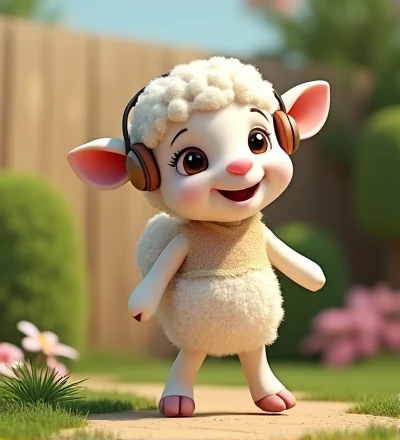 Imagine a realistic little lamb with exaggeratedly funny features, oversized, dressed in cute clothes, bright eyes and curiosity, smiling, frontal image, smiling bunny, Disney style, capturing natural textures, although their paws are a little bigger, they are even cuter. The background is a simple garden, focusing on natural colors and some green plants, creating bright colors and white lambs, as you have, blouse and headphones, dancing sheep
