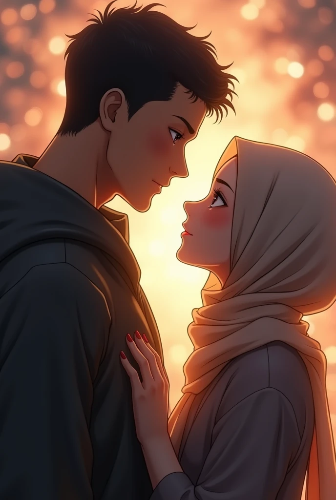 Hijab girl height 1.50 and looks like a guy with a height of 1.80 look look at each other with love