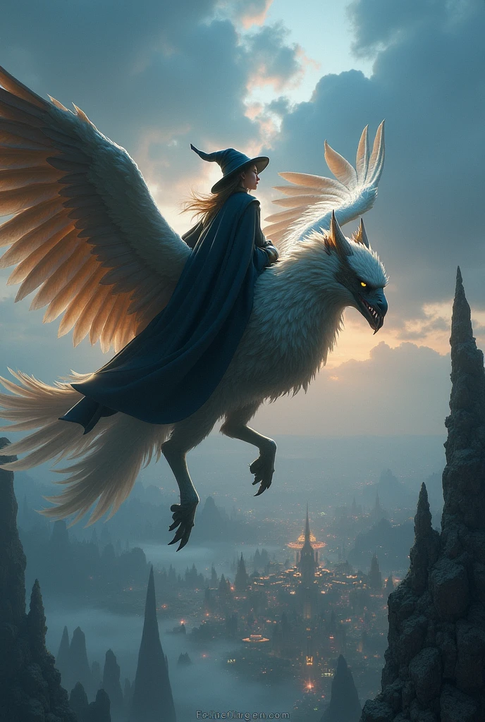 "The witch, securely seated on the griffin’s back, soars above Dreamhaven. The griffin’s powerful wings beat rhythmically against the sky, creating a stunning contrast with the city’s ethereal glow below. The witch’s cloak billows dramatically in the wind as she looks out over the floating islands and shimmering lights."