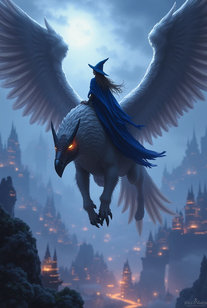 "The witch, securely seated on the griffin’s back, soars above Dreamhaven. The griffin’s powerful wings beat rhythmically against the sky, creating a stunning contrast with the city’s ethereal glow below. The witch’s cloak billows dramatically in the wind as she looks out over the floating islands and shimmering lights."