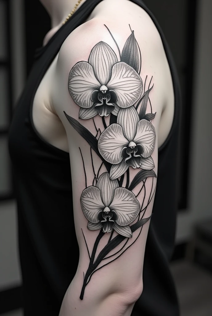 black an white realistic tattoo of a orchid, for men this tattoo start in the doll of the hand  and ends in the shoulder ,this tattoo has a beautiful flowers and little sticks with the flowers 