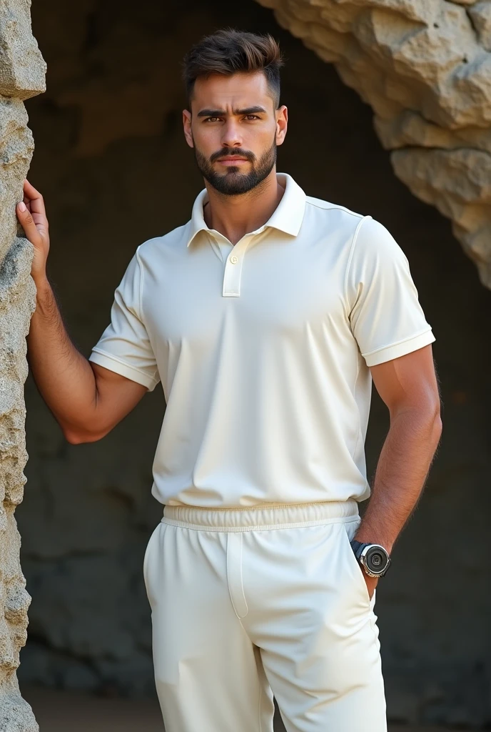 Full-body view of a man in a company polo shirt, illustrated in high resolution with a professional and clean style. The scene should have natural lighting, a neutral background, and highlight the company's logo on the polo. Camera angle: full shot