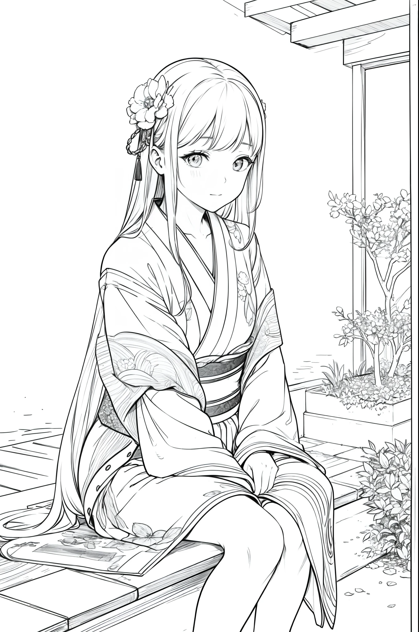 Masterpiece, top class, unique, cute, flowers, line drawing background, white background, monochrome, line drawing, ((sketch)), creepy, white eyes, create a monochrome coloring book that even adults can easily do, a realistic and cute ukiyo-e of a girl wearing a kimono, model pose, sitting on a veranda with a Japanese garden as the background, conveying Japanese culture.