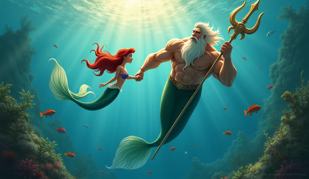 Mermaid Ariel swimming with her father King Triton