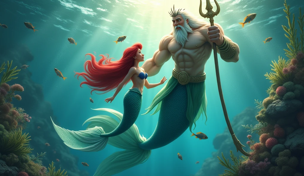 Mermaid Ariel swimming with her father King Triton
