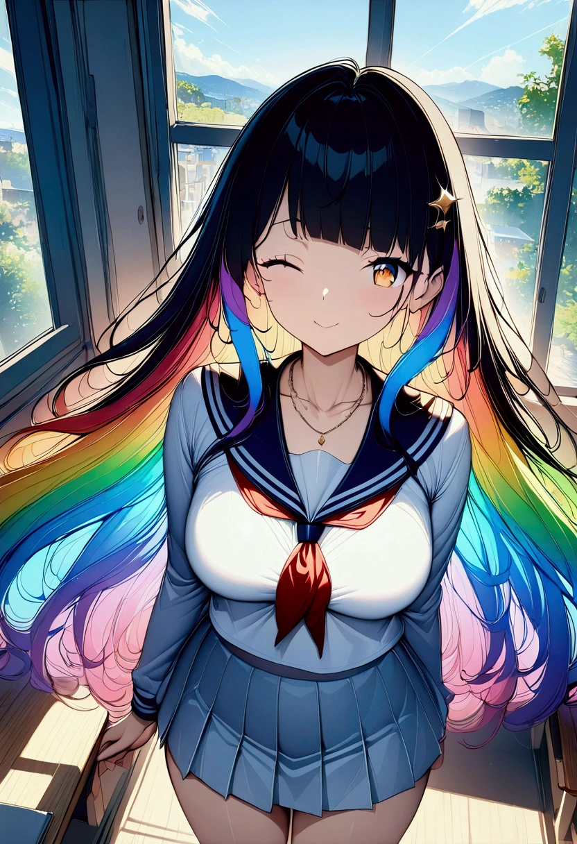 (((anime))) A woman winking,Cutesy,student,Short,Long Hair,Fluffy long hair,(Rainbow Hair),Oblique bangs,necklace,Yellow Eyes,Big eyes Sailor suit,mini skirt,classroom,Light pours in through the window,sunlight,masterpiece,Highest quality,Exquisite,8k,Absurd,Ultra-fine illustrations,(View your audience)