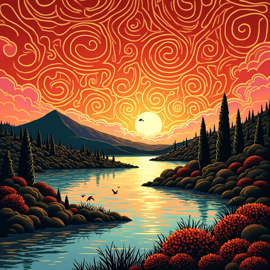 A mesmerizing and vibrant artwork masterfully blending the abstract, art deco style of Yayoi Kusama with vivid colors and intricate details. The composition features a harmonious blend of organic shapes and geometric patterns, with swirling lines and intertwining forms that captivate the viewer's attention. A captivating sky is painted in bold red hues, with swirling clouds and golden reflections, creating a dramatic backdrop for the serene hill and silhouetted trees and bushes that stand on the horizon. A shimmering lake reflects shades of blue, gold, and light pink. Birds fly gracefully across the sky, adding to the dynamic and transformative atmosphere of this stunning piece. The art deco frame adds an elegant touch, and the artwork is a breathtaking example of illustration.