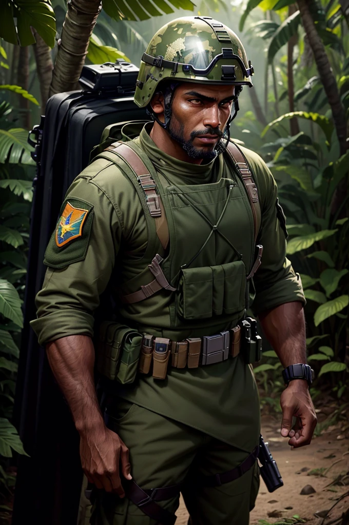 brown man, from the front, serious appearance, soldier of the Brazilian army, olive green camouflage uniform, with helmet containing a net and detailed leaves, green background of the Amazon forest, do not include people or animals, Unreal 5. RPG Portrait, Unreal Engine Character Art, Cinematic Realistic Portrait, Small Character., Highly Detailed VFX Portrait,