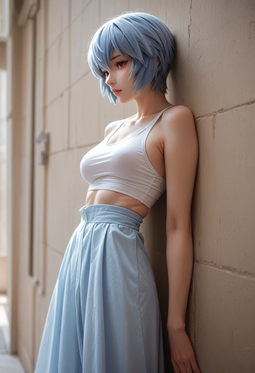 Rei Ayanami, long blue hair, freshly bathed, medium breasts, standing woman, leaning on the wall, Front