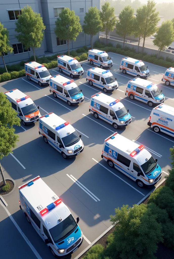 Creates small company parking lot with white and blue ambulances