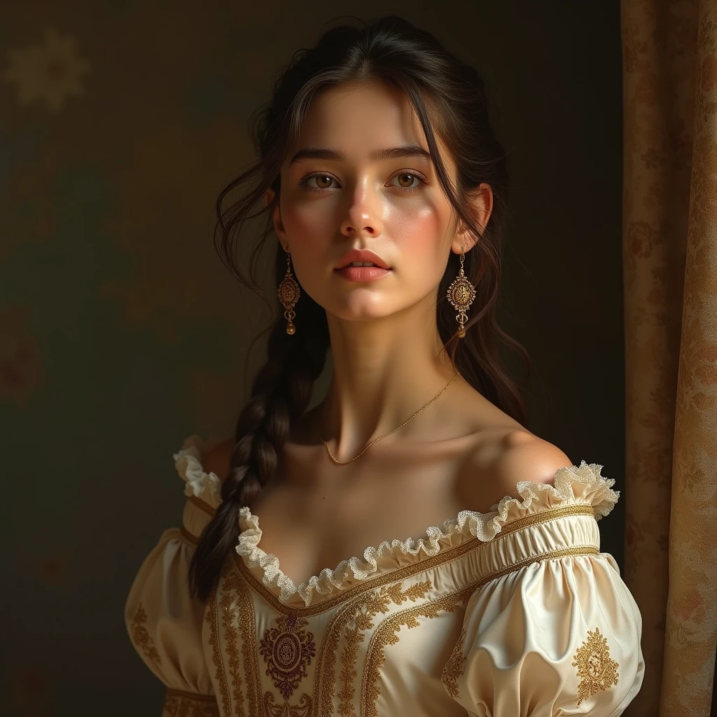 beautiful young girl, portrait of a girl in Cordoba, cordoba girl, elegant girl in traditional cordoba dress, detailed face, beautiful eyes, Delicate features, young woman in traditional Spanish costume, ornate traditional dress, intricate embroidery, lace and ruffles, soft lighting, warm color palette, Romantic atmosphere, classical painting style, chiaroscuro lighting, Photorealistic, highly detailed, 8k, masterpiece, hyper realistic, natural skin tones, beautiful skin texture, flowing hair, detailed hairstyle, photographic quality, elegant pose, serene expression, floral scent, captivating aura, cinematic lighting, atmospheric, fine art photographySolo, High resolution, Long hair, breasts, looking at the viewer, blush, smile, Brown hair, black hair, High resolution, masterpiece, anatomically correct, necessary, Awarded many times, The best quality, detail, Long hair, breasts, earrings, big breasts, Multiple views, 