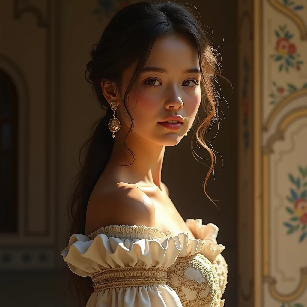 beautiful young girl, portrait of a girl in Cordoba, cordoba girl, elegant girl in traditional cordoba dress, detailed face, beautiful eyes, Delicate features, young woman in traditional Spanish costume, ornate traditional dress, intricate embroidery, lace and ruffles, soft lighting, warm color palette, Romantic atmosphere, classical painting style, chiaroscuro lighting, Photorealistic, highly detailed, 8k, masterpiece, hyper realistic, natural skin tones, beautiful skin texture, flowing hair, detailed hairstyle, photographic quality, elegant pose, serene expression, floral scent, captivating aura, cinematic lighting, atmospheric, fine art photographySolo, High resolution, Long hair, breasts, looking at the viewer, blush, smile, Brown hair, black hair, High resolution, masterpiece, anatomically correct, necessary, Awarded many times, The best quality, detail, Long hair, breasts, earrings, big breasts, Multiple views, 