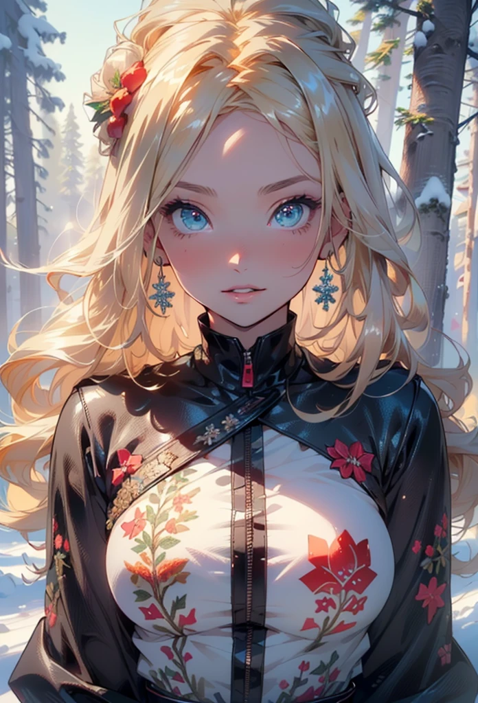 Lovely girl,1 Girl,((extremely Lovely and beautiful Blonde Haired anime girl)),((())),(Large Breasts:1.2),(Long blond hair:1.2, Big forehead:1.2), (Straight cut bangs:1.2), Blonde Hair, Shiny hair, Hairpin, Curled eyelashes:0.6,(beautiful big eyes:1.3), complex eyes,Beautiful and delicate eyes,Symmetrical eyes,big eyes:1.5,(almond eyes:1.2), Extremely detailed Lovely anime face, Clear light blush, Dark brown skin, Solitary,🦄,🌈,Kawaii,((fat)),(((Glowing skin:1.5,Bright skin: 1.5,dark tanned skin,Glowing skin,very Glowing skin,Shiny body,Plastic Glitter Leather,exaggerated Glowing skin,Skin glow))),(Lower abdomen,Willow Waist,Wide hips,Athlete&#39;s physique,Inflatable legs,Thick thighs,Detailed body,(Delicate face)),

Lovely,debauchery,Tempting,,(National Foundation),

Absolutely great opportunity,Revealing clothes,Showing skin,mini skirt,(Umbilical cord),(Snowflake Wreath),winter clothes,(((complex outfit,complex clothes,Embroidered Clothes,Gorgeous clothing,Embroidered clothes,Gorgeous clothes))),

(Dynamic poses:1.0),Awkward,(Center,Scale to Fit,Rule of Thirds),

((Cedar forest)),winter,landscape:1.25,((complex landscape)),((Snow forest background)),Christmas tree,

(Glossy winter ornaments),high resolution,Clear focus,(Extremely detailed,Extremely detailed),(Realistic artwork:1.37),(Extremely detailed CG unity 8k wallpaper),(((Vibrant colors,Vibrant Theme))),(complex),(masterpiece),(best quality),

