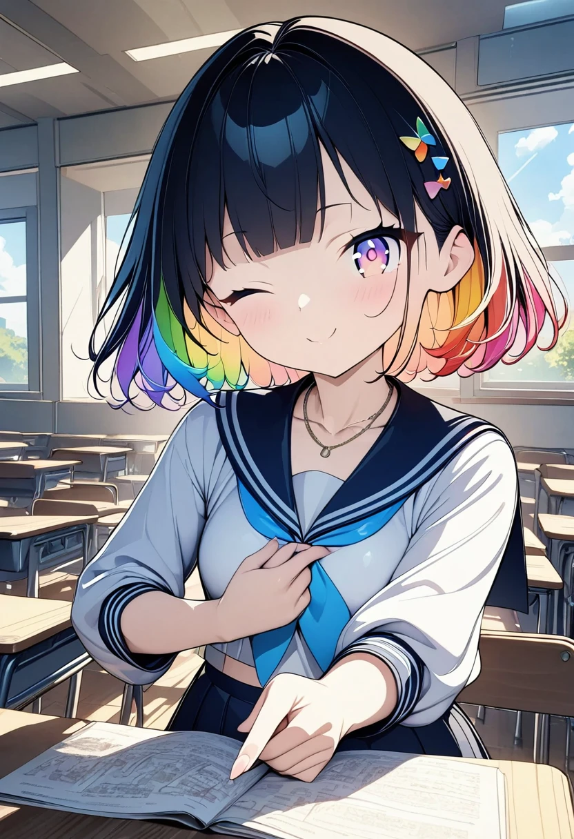 (((anime))) A woman winking peace sign,chibi,Short Hair,Messy short bob,(Rainbow Hair),Oblique bangs,One eye is hidden,Blushing,necklace,Rainbow Eyes,Big eyes Sailor suit,Volume sleeve,classroom,sunlight,masterpiece,Highest quality,Exquisite,8k,Absurd,Ultra-fine illustrations,(View your audience)