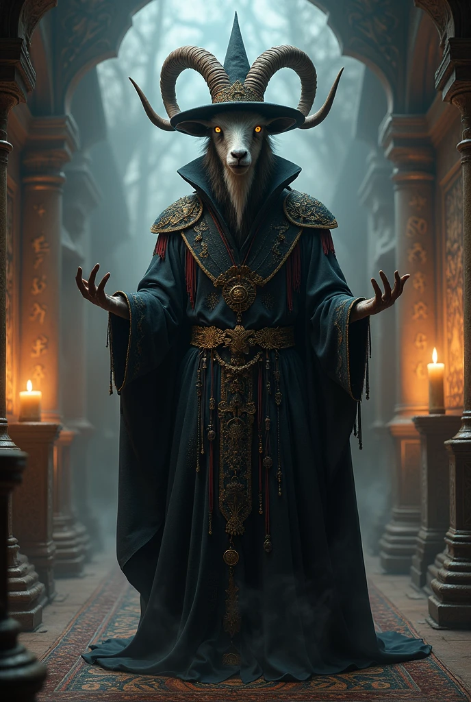 Create a goat dressed as a black magician 