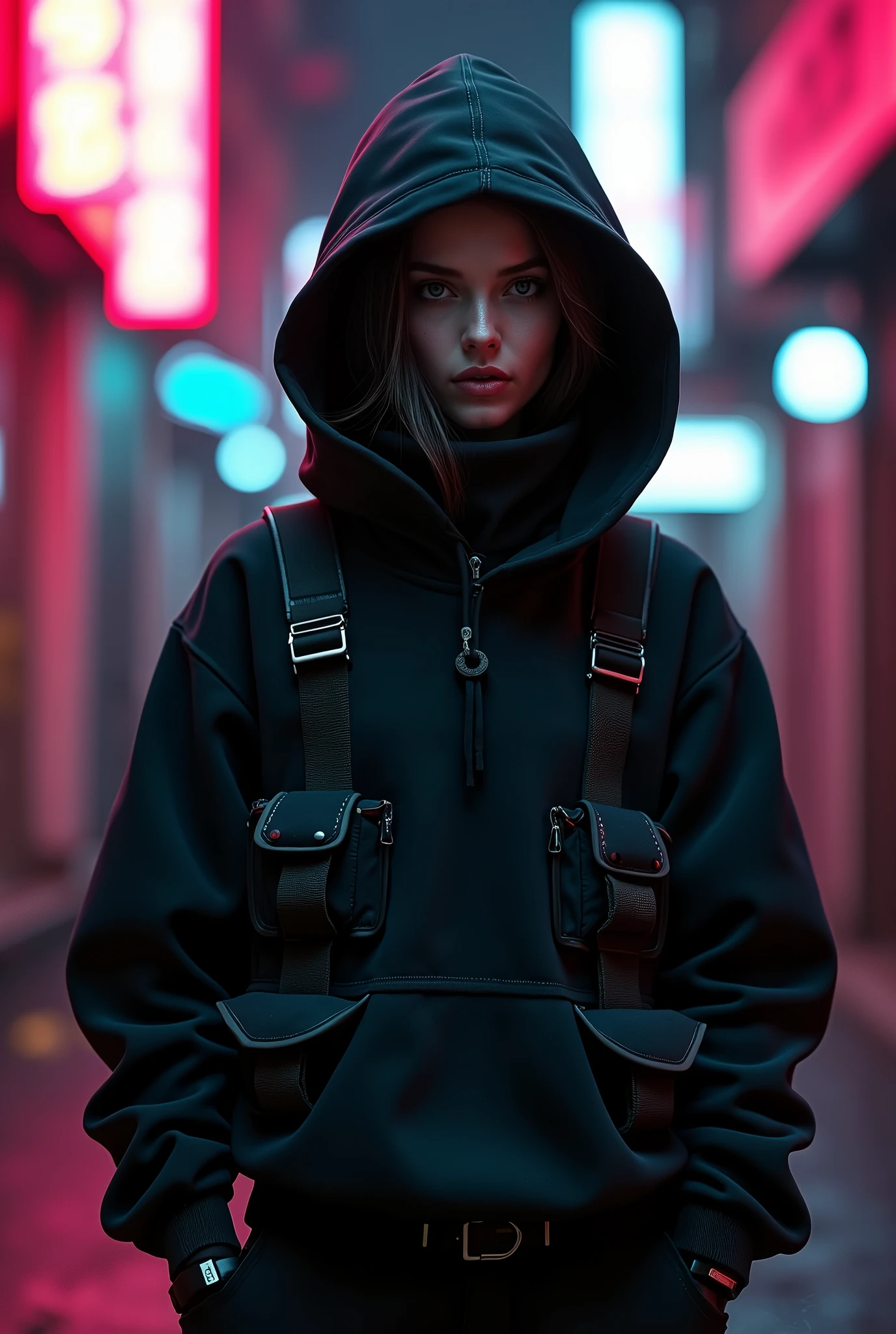 A photo shoot of a guy wearing a futuristic black hoodie with high neck cover attached on hoodie and without zipper in front, gargo military pockets and straps, unconventional unique urban black hoodie with futuristic military look and without front zipper. The photo shoot takes place on a cyberpunk alley with dark atmosphere and futuristic neon signs. Photography, Photorealistic, realism, extreme detail, high quality graphics, ultra realistic, hyperrealism, high resolution, extreme quality, masterpiece, 4k hdr
