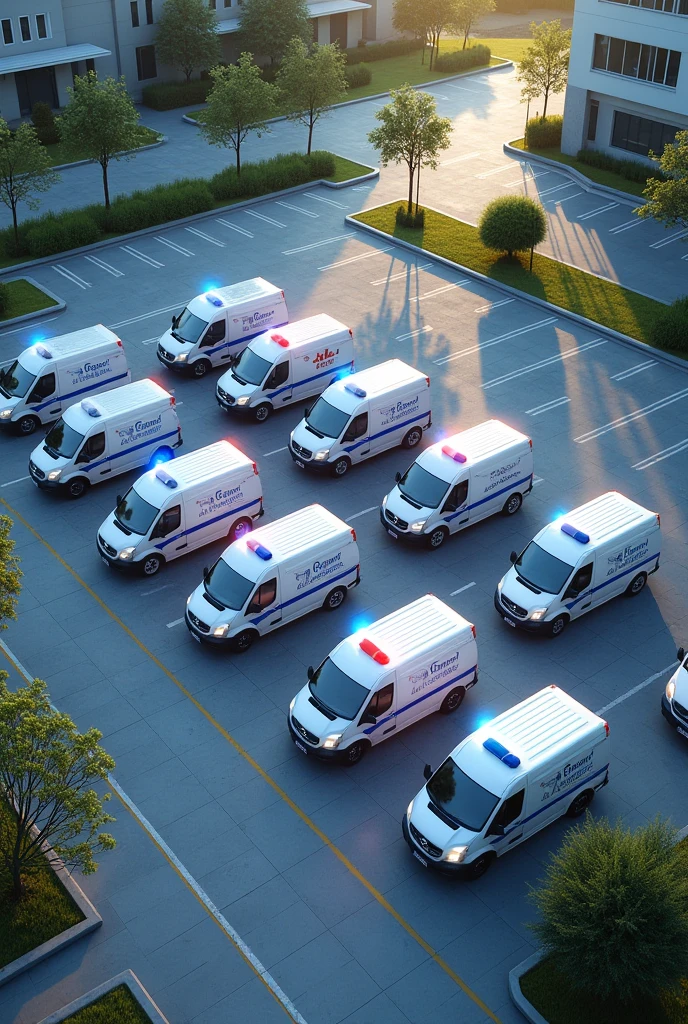 Creates small company parking lot with white and blue ambulances 