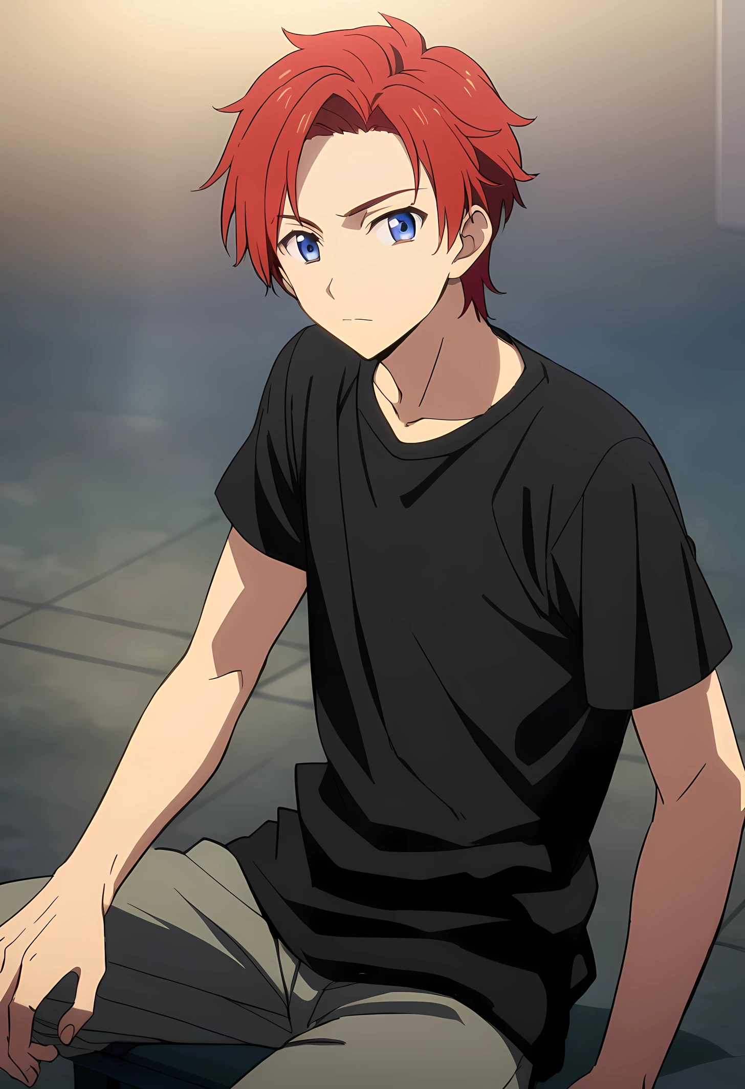 man, Chico, anime, Beautiful, pale, red hair, blue eyes, black t-shirt, seated, Posing, short hair