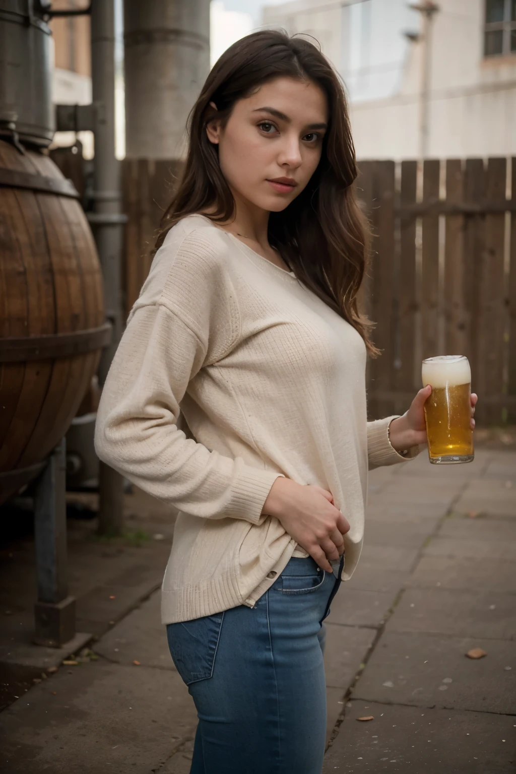 ((best quality)), ((masterpiece)), (detailed) mujer joven realist bebiendo cerveza, sexy woman in casual tight clothes. Loose beige sweater and tight blue jeans, grab a bottle of beer, realist