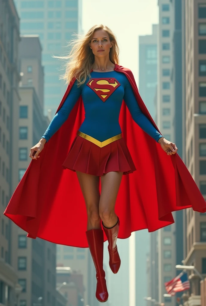 open window(((full body view))); old Supergirl 1984s Julie Hagerty(((very beautiful old Supergirl (((1984s Supergirl movie costume))); Julie Hagerty))) Super old woman Julie Hagerty; full body; stretched in the air, confident, powerful, indestructible, attractive; flutuando no ar.
