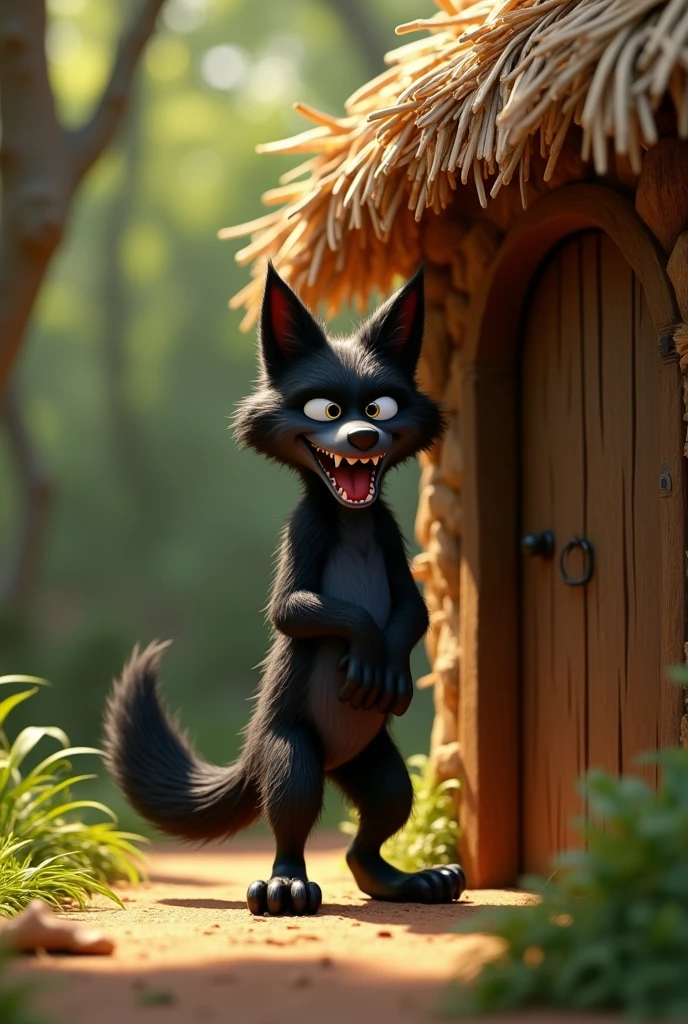 pixar style sideview of a 3D scary cute black furry wolf with realistic black fur 3D illustration with open mouth teeth visible and a long tongue sticking out looking at the wooden door and knocking the closed wooden door of a straw house, (1male wolf:1.2), (sinister yet playful expression:1.5), dangerously playful, dark humour, standing on its too feet like a cartoon character, lean build, (disproportionate body long nose and mouth), (smiling notoriously with expression of sly and mischief), (realistic fur texture), (jungle background:1.4), standing and knocking the door of a straw house, sunlight filtering through the trees, (soft lighting:1.3), (green and earthy color scheme:1.3), (highly detailed), (ultra quality:1.3), (masterpiece), (digital art), 8K resolution, HDR, depth of field, (soft shadows), (photorealistic:1.3), (animation:1.2), (by Greg Rutkowski:0.9), (in the style of Alphonse Mucha), trending on ArtStation, award-winning art