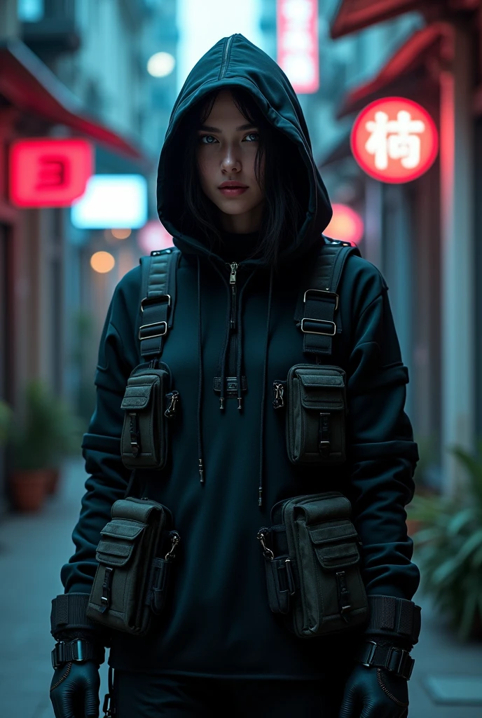 A photo shoot of a guy wearing a futuristic black hoodie with high neck cover attached on hoodie and without zipper in front, gargo military pockets and straps, unconventional unique urban black hoodie with futuristic military look and without front zipper. The photo shoot takes place on a cyberpunk alley with dark atmosphere and futuristic neon signs. Photography, Photorealistic, realism, extreme detail, high quality graphics, ultra realistic, hyperrealism, high resolution, extreme quality, masterpiece, 4k hdr