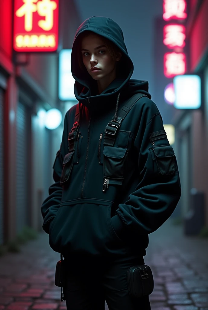 A photo shoot of a guy wearing a futuristic black hoodie with high neck cover attached on hoodie and without zipper in front, gargo military pockets and straps, unconventional unique urban black hoodie with futuristic military look and without front zipper. The photo shoot takes place on a cyberpunk alley with dark atmosphere and futuristic neon signs. Photography, Photorealistic, realism, extreme detail, high quality graphics, ultra realistic, hyperrealism, high resolution, extreme quality, masterpiece, 4k hdr