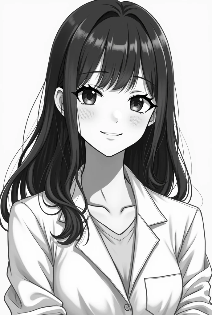 A brunette girl with long straight hair, Latin features and a lab coat smiling and in black and white Anime version