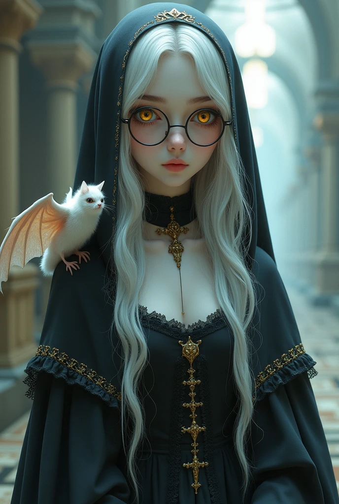 A girl nun with golden eyes and wears circle glasses with long silver hair. Qearing a nun gothic lolita prayer dress. On the shoulder is a white bat as a pet