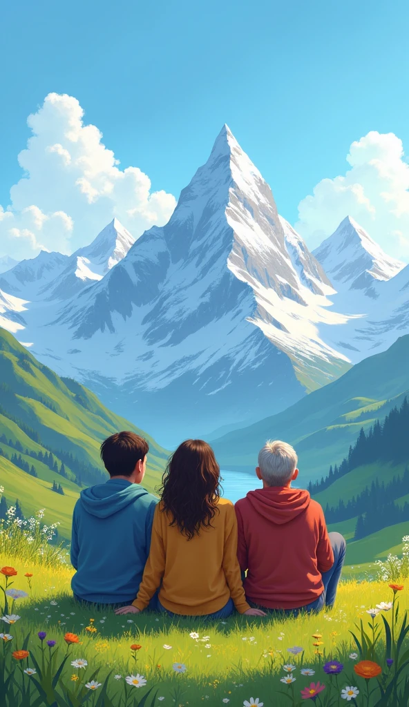 Three friends are mountain setting on grass